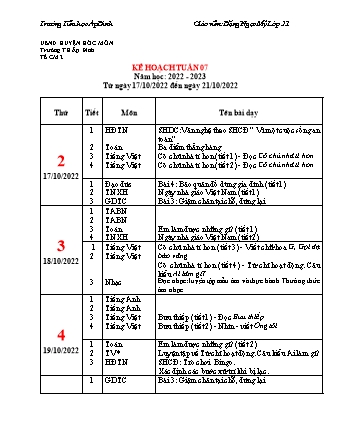 Giáo án Tổng hợp Lớp 2 - Tuần 7 - Năm học 2022-2023 - Đặng Ngọc Mỹ