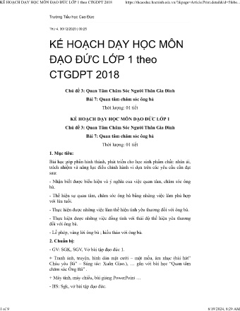 Kế hoạch dạy học Đạo đức 1 (theo CTGDPT 2018) - Bài 7: Quan tâm chăm sóc ông bà - Trường Tiểu học Cao Đức