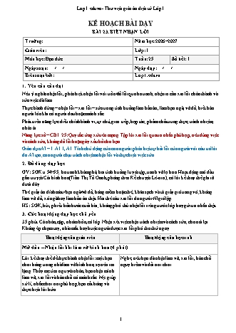 Giáo án Đạo đức lớp 1 năm học 2026-2027 - Tuần 25 - Bài 23. Biết nhận lỗi (Tích hợp năng lực số và AI)
