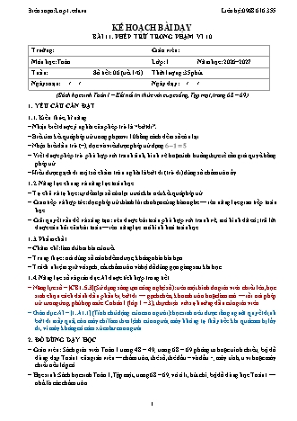 Giáo án Toán lớp 1 năm học 2026-2027 - Bài 11. Phép trừ trong phạm vi 10 (Tích hợp năng lực số và AI)