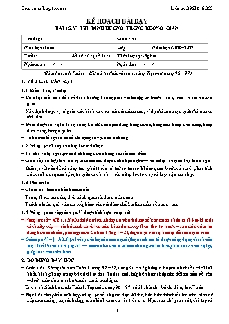 Giáo án Toán lớp 1 năm học 2026-2027 - Bài 15. Vị trí, định hướng trong không gian (Tích hợp năng lực số và AI)