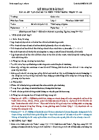 Giáo án Toán lớp 1 năm học 2026-2027 - Bài 39. Ôn tập các số và phép tính trong phạm vi 100 (Tích hợp năng lực số và AI)